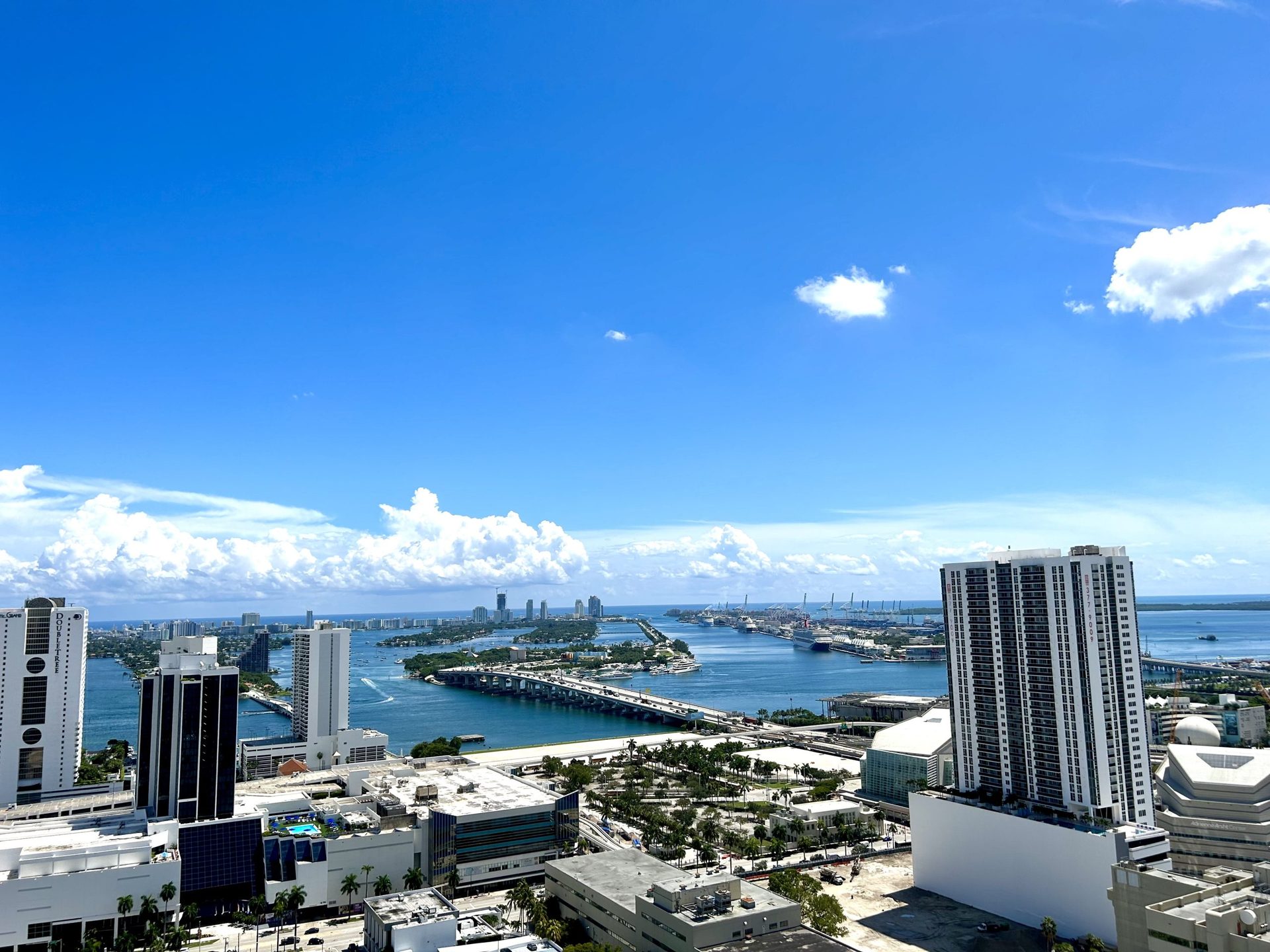 Biscayne Bay and the causeway to Miami Beach, seen from a high window in Miami