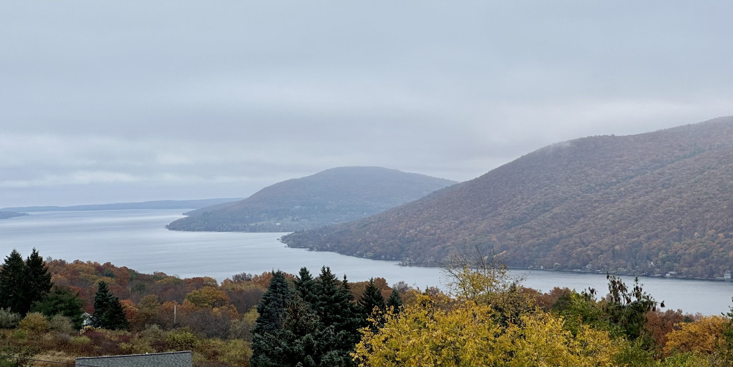 A wide river between autumn hills under a soft gray sky